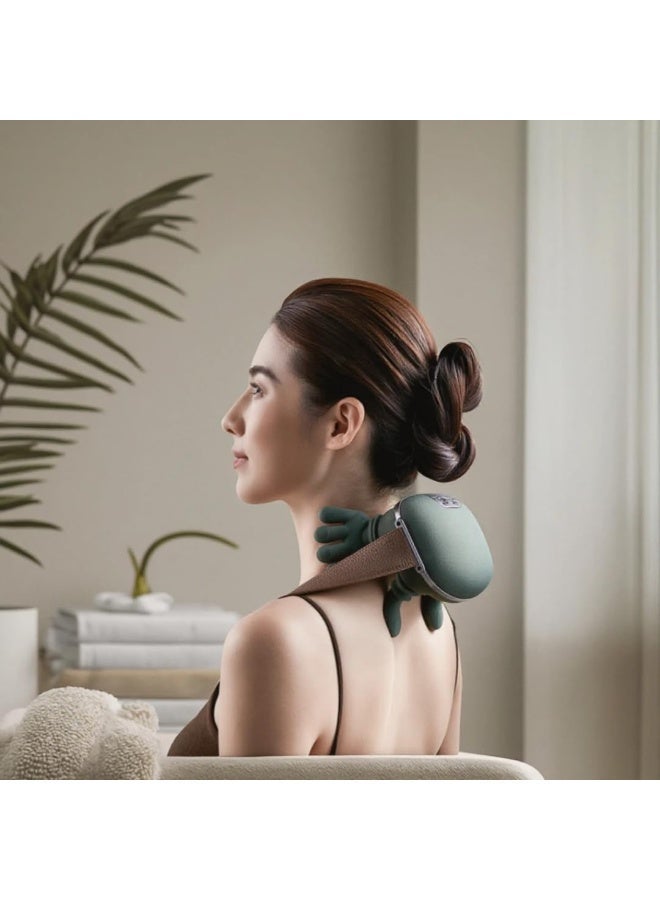 Electric neck and back massager with handheld design, deep shiatsu massage, green color, portable, with heating, for relaxation and muscle pain relief. - Image 3